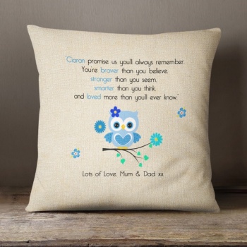 Luxury Personalised Cushion - Inner Pad Included - Blue Owl Promise Rhyme
